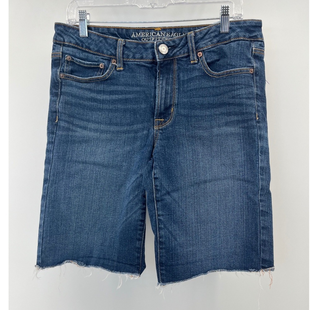 American Eagle Skinny Bermuda Shorts Women 12 Blue Dark Wash Stretch Raw Hem